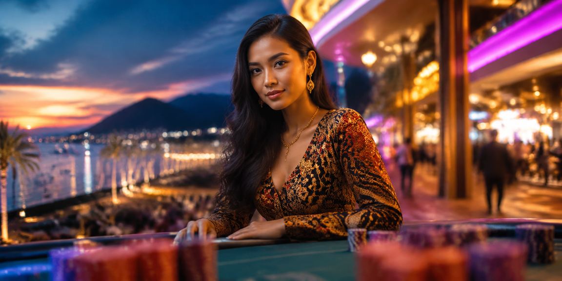 Model Vietnam memegang ponsel di depan layar taruhan casino yang penuh warna dan animasi