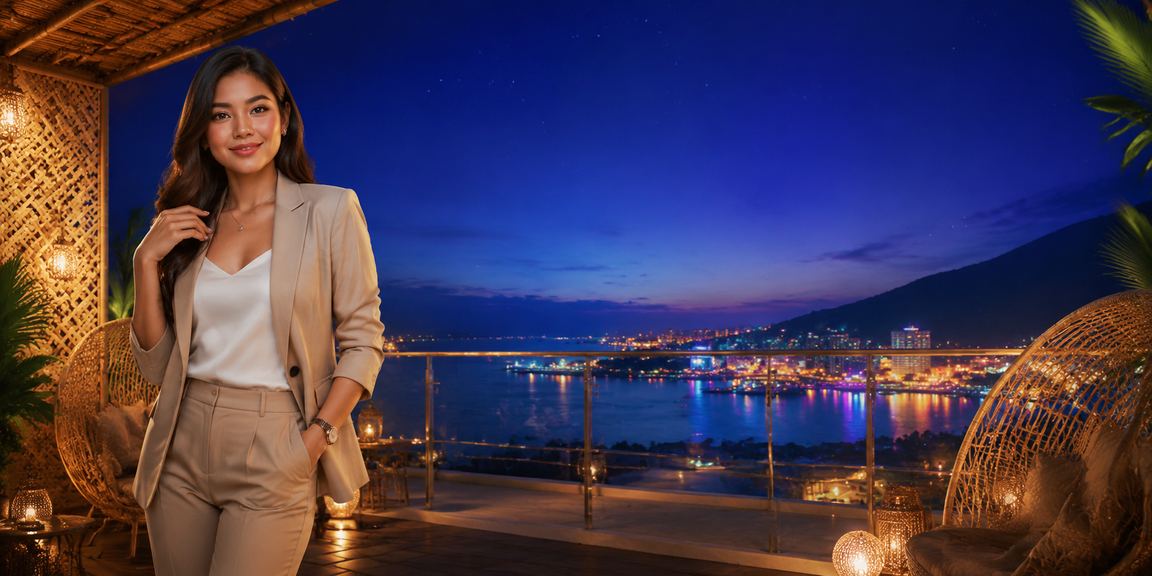 Model Vietnam berpose di ruang casino mewah dengan suasana hiburan malam yang elegan