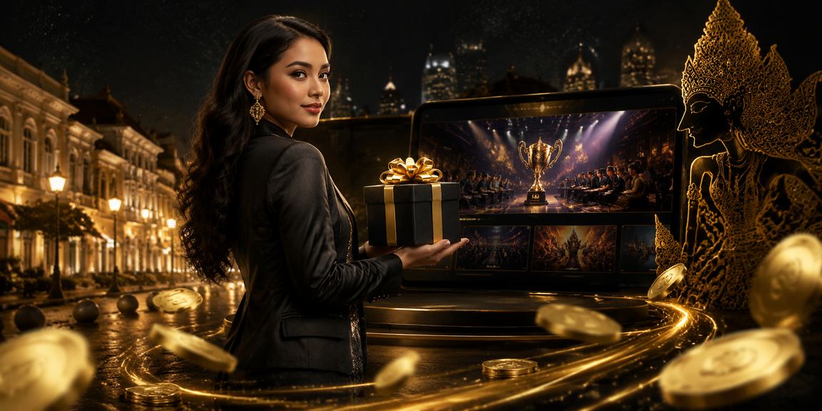 Model Vietnam berpose di depan layar taruhan esports yang aktif dan penuh statistik